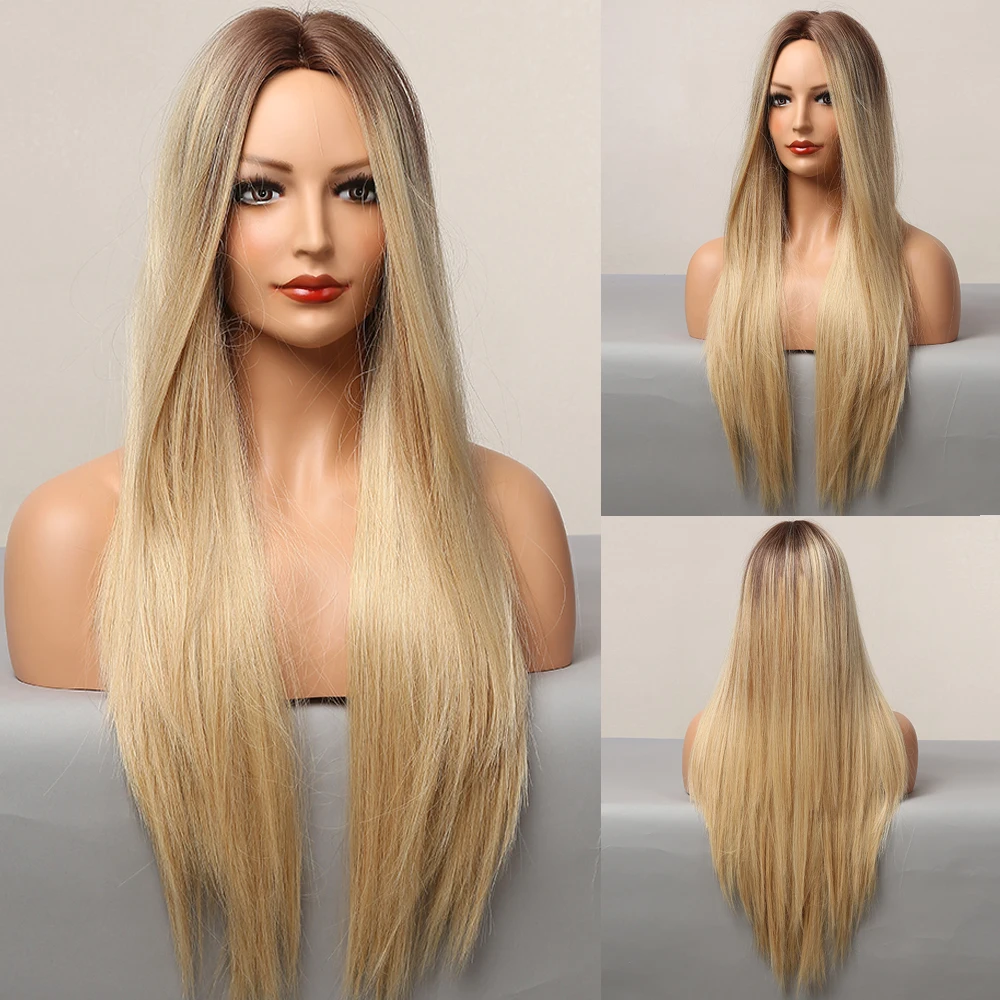 ALAN EATON Long Silk Straight Ombre Brown Blonde Golden Synthetic Wigs for Women Heat Resistant Natural Middle Part Hair |