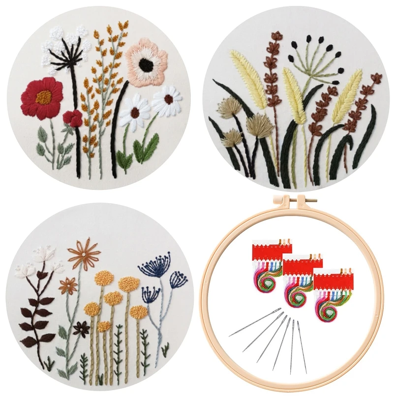 

3 Pack Plant Embroidery Starter Kit for Beginners, Modern Embroidery Kits, Contains all Embroidery Tools, English Description
