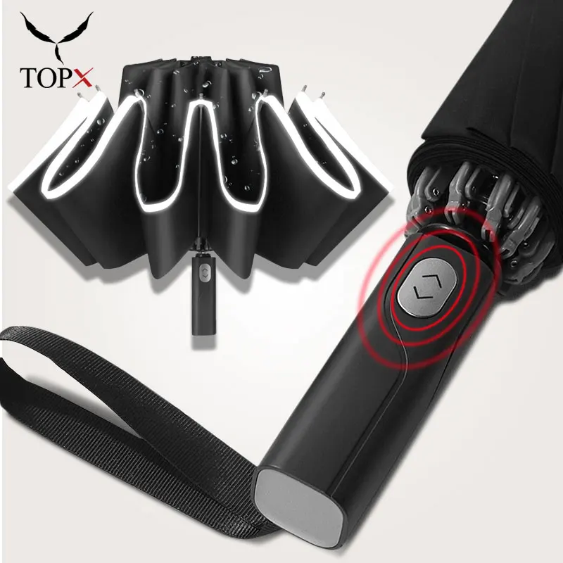 

Automatic Umbrella Reverse Folding Windproof Rain Men Women Business Umbrella With Reflective Strips 3Fold Female Male Parasol