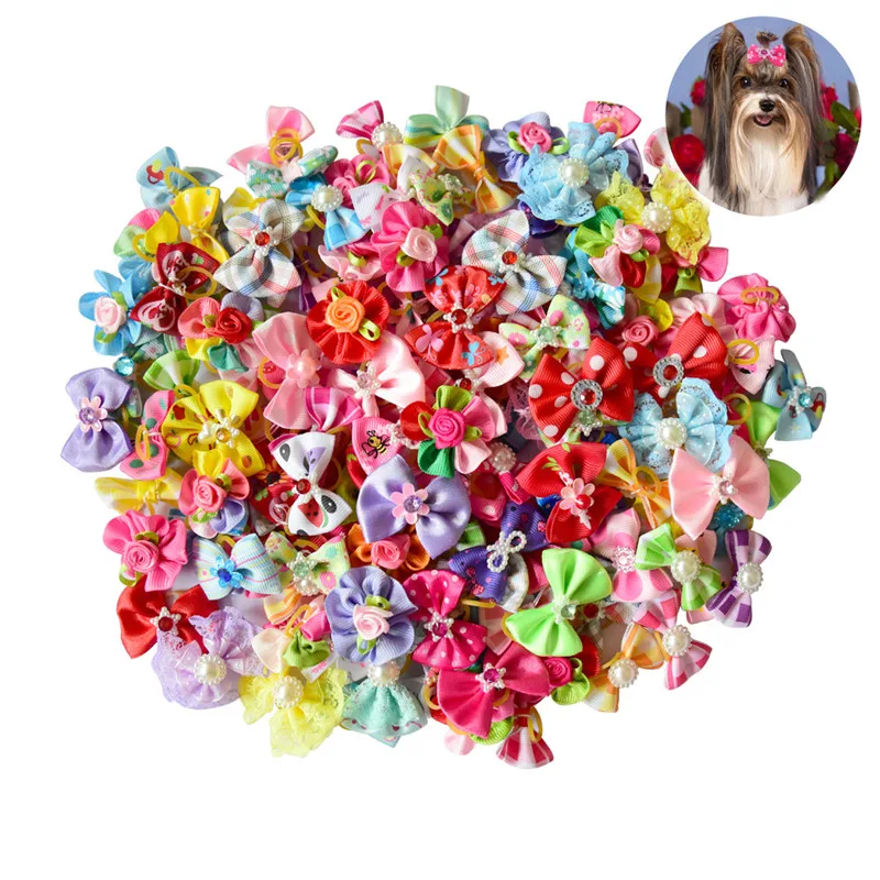 New 100 50 lot Dog Grooming Bows Diamond Pearls Style font b pet b font hair