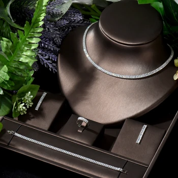 HIBRIDE Luxury 4pcs Necklace and Earring Set Baguette Zirconia Choker Design African Jewelry Nigeria Wedding Accessories N-400