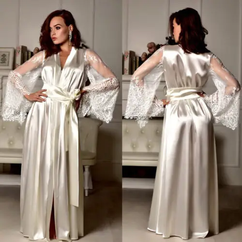 Women Silk Lace Long Robe Dress Pajamas Nightdress Nightgown Sleepwear women sleepwear,silk robe,sleepwear pajamas