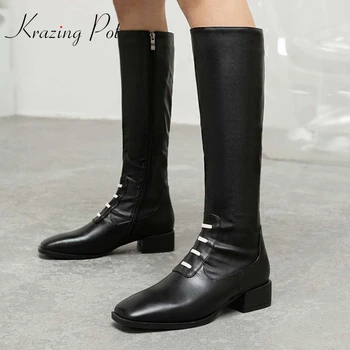

Krazing Pot real leather square toe med heel riding boots young lady daily wear concise style solid classic knee-high boots L02