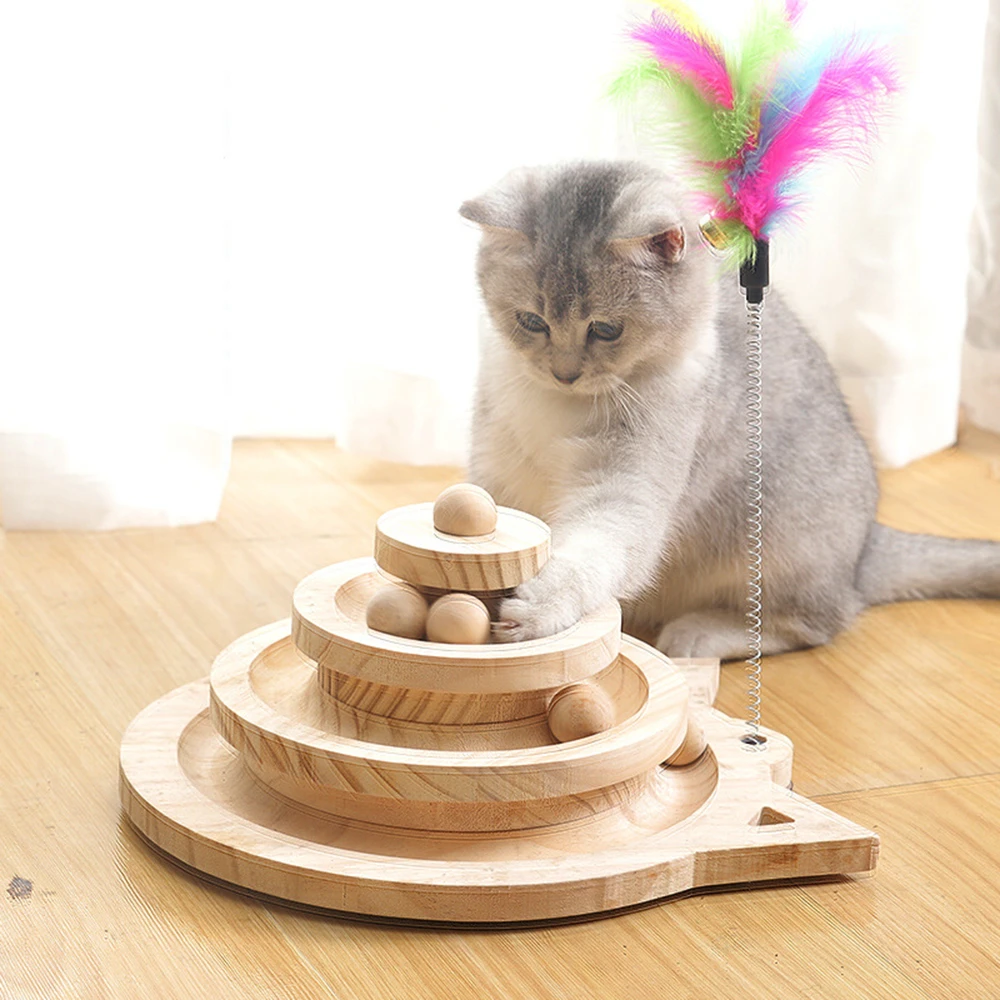 Chats Wood Toy Wood Tree Games for Cat Cat Accessories Double-layer Rotating Track Ball Cat Intellectual Track Tower Funny Plate