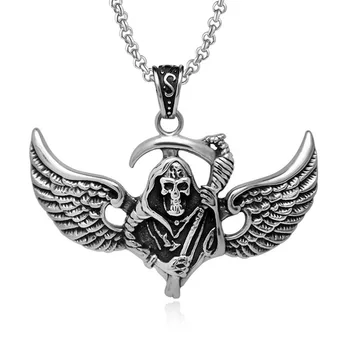 

Personality Flying Sickle Death God Pendant Necklace Trendy Mens Jewelry Titanium Steel Skull Men's Necklaces Punk Style