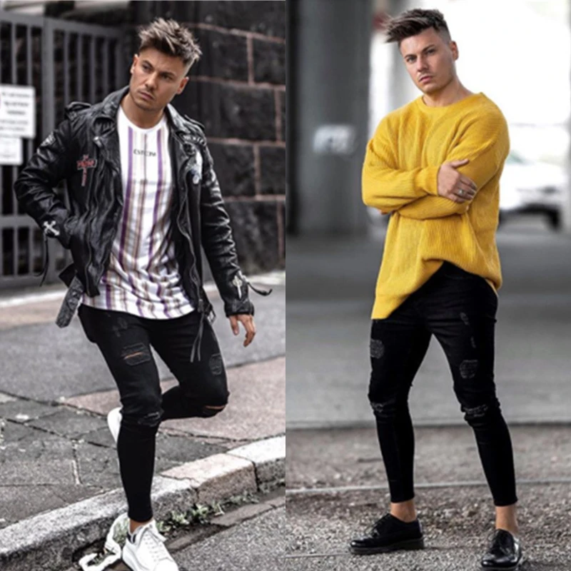 Mens Cool Designer Brand Black Jeans Skinny Ripped Holes Destroyed Stretch Slim Fit Hop Hop Pencil 1