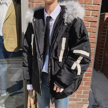 

Winter Jacket Men Warm Thick Fashion Parka Men Cross Color Casual Fur Collar Hooded Coat Wild Loose Cotton Jacket Male Clothes