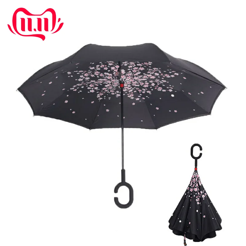 

Cherry Blossom Tree Double Layer UV Proof Windproof Inverted Rolling Over Umbrella With C-Shaped Handle for Car Outdoor