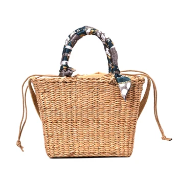 

Woven Basket Straw Bag Handmade Rattan Shoulder Bag Ethnic Wind Ribbon Rattan Beach Handbag Gray & Green