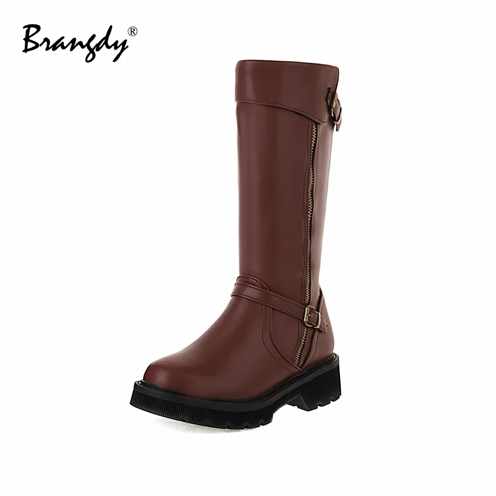 Brangdy Women Knee Hight Boots PU Leather Wedges Metal Decoration Women Shoes Round Toe Zipper Women Winter Brock Boots With Fur