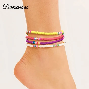 

Donarsei 4mm Bohemian Colorful Clay Anklet For Women Summer Beach Hit Color Soft Pottery Ankle Bracelet On The Leg Foot Jewelry