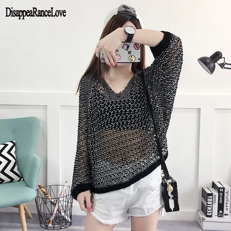

2019 Spring Summer Women Mesh Knitted Sweaters Openwork Pullovers Woman Fashion Beach OL Clothing Female Tops Loose Knitting