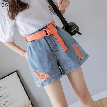 

Shorts Women Patchwork Denim Wide Leg Loose Casual with Sashes Korean Leisure Chic Trendy Vintage High Waist Summer Short Womens