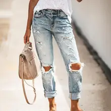 

50% Dropshipping!! New Ripped Holes Women Jeans Mid Waist Denim Zipper Button Straight Pencil Jeans Streetwear