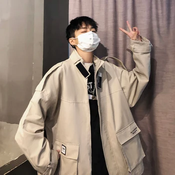 

Autumn New Tooling Jacket Men Fashion Solid Color Casual Large Pocket Stand Collar Jacket Street Hip Hop Loose Bomber Jacket