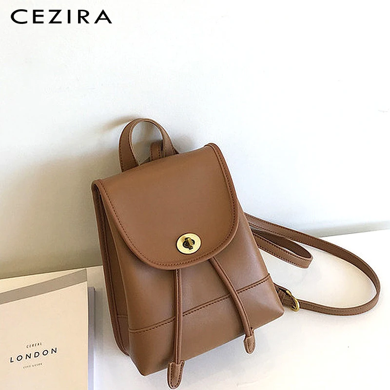CEZIRA, женский модный рюкзак из искусственной кожи, для девочек, с клапаном, на плечо, школьная сумка, с металлическим замком, на шнурке, ранец, для девушек, ПУ, винтажный рюкзак