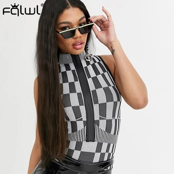 

FQLWL Checkerboard Sleeveless Sexy Bodycon Bodysuit Women Top Zipper Summer Black Bodysuit Female Skinny Rompers Womens Jumpsuit