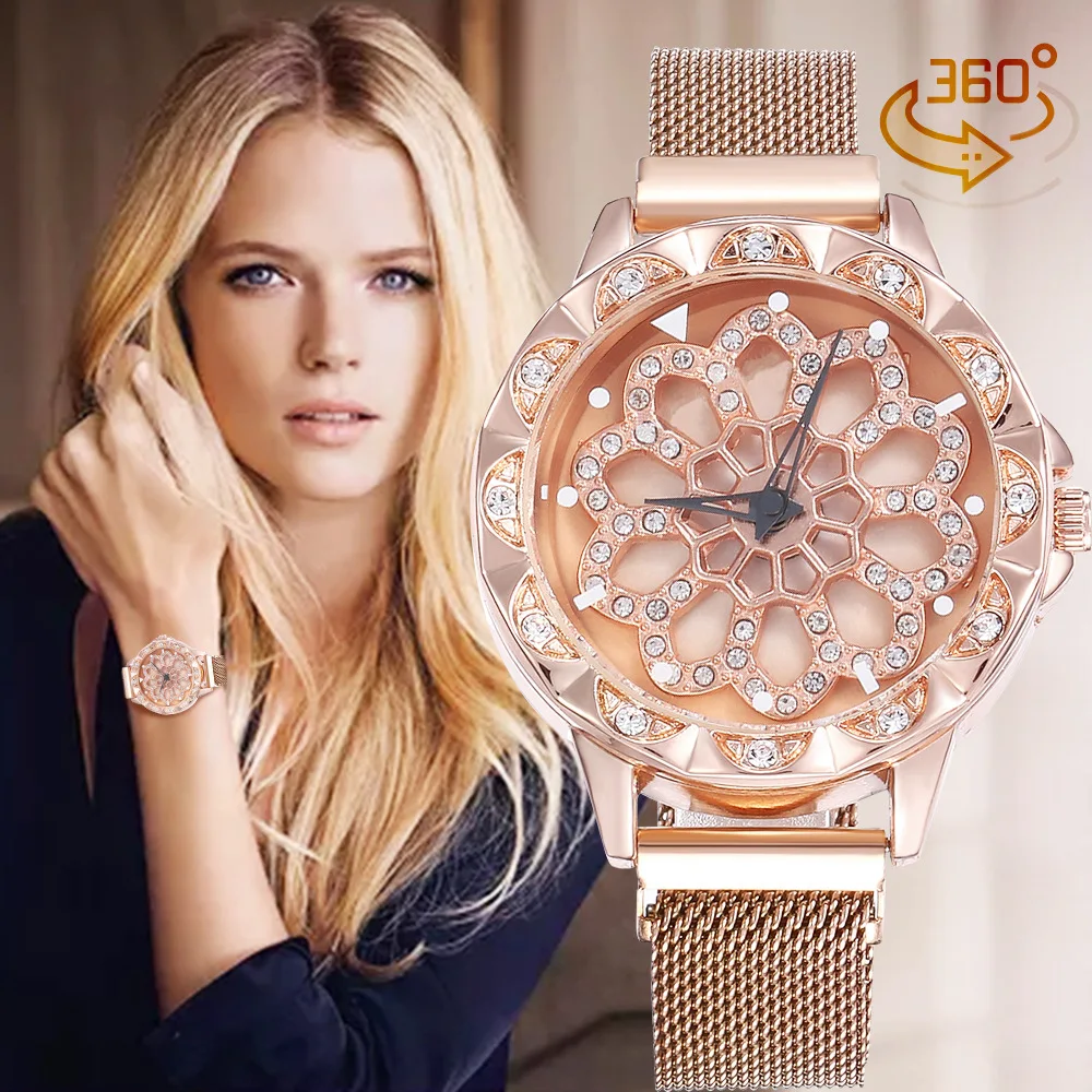 Роскошные женские часы из розового золота, специальный дизайн, 360 градусов вращения, бриллиантовый циферблат, сетчатый магнит, звездное небо, женские кварцевые часы