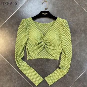 

2020 Summer New Arrivals Long Sleeve V Neck Drawstring Sexy Dew Navel Short Blouse Women Top T352