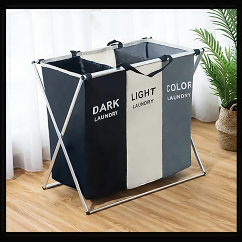 

Foldable Dirty Laundry Basket Organizer X-shape Printed Collapsible Three Grid Home Laundry Hamper Sorter Laundry Basket Large