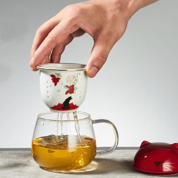 

Ceramic filter inner belt covered mouse mug, Heat-resistant thickened three-piece office cup Maple leaf