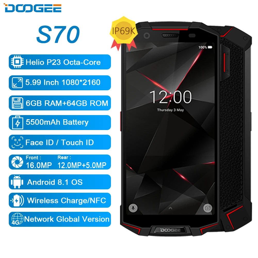 DOOGEE S70 игровой телефон IP68/IP69K Водонепроницаемая беспроводная зарядка NFC 5500 мАч 12V2A Быстрая зарядка 5,99 FHD Helio P23 Восьмиядерный 6 ГБ 64 ГБ