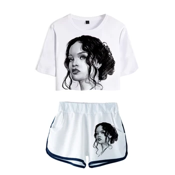 

Singer Rihanna Printed two piece set Women New Rihanna design Oversize Navel short sleeve and Short Pants O-neck Summer Set