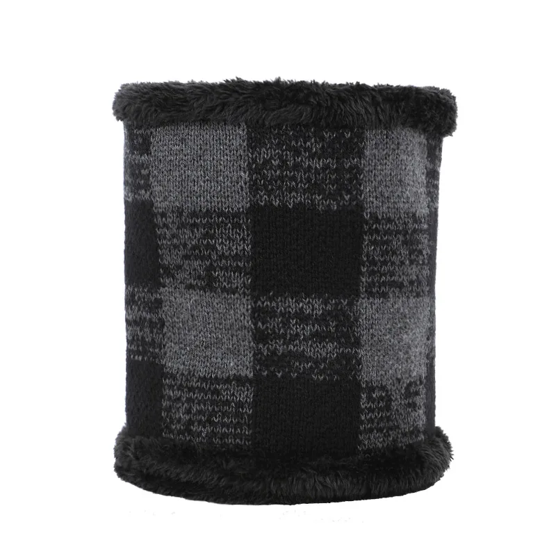 Новинка, Вязаная хлопковая кепка с мозаичной сеткой, комплект из 2 предметов, мешковатые зимние шапки для мужчин и женщин, теплые уплотненные модные кольца - Цвет: Black-3