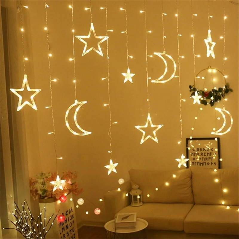 

3.5m Star Moon Curtain Light Copper Wire Fairy Light String Christmas Party Decor Garden Courtyard Home Decoration