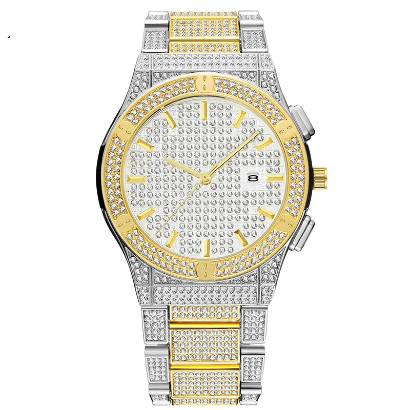 dropship ice out full diamond watch for men gold silver stainless steel band mens quartz watches business watches hip hop male clock waterproof 18K gold plated  2020 (2)