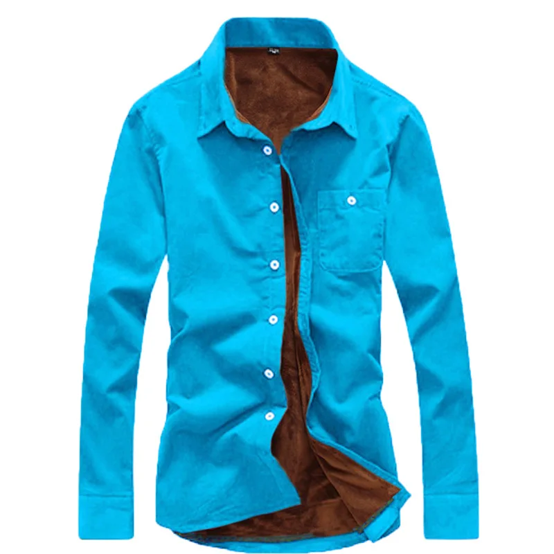 Модная Мужская Фланелевая качественная зимняя рубашка, мужская приталенная Теплая Бархатная гавайская рубашка с длинным рукавом - Цвет: kong que lan