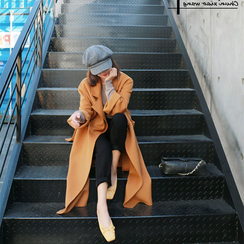 Женское пальто зимнее с длинным рукавом теплое желтое шерстяное женское элегантное китайский с воротником-стойкой шерстяное длинное пальто больше размера плюс