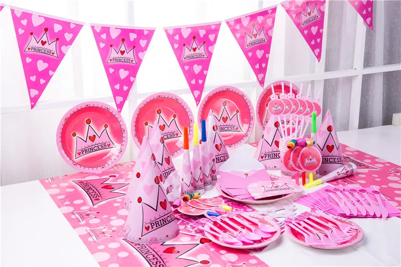 Розовая корона для принцессы, вечерние принадлежности для девочек, одноразовая посуда на день рождения, бумажный стаканчик, бумажные тарелки, салфетки, баннеры, детский душ