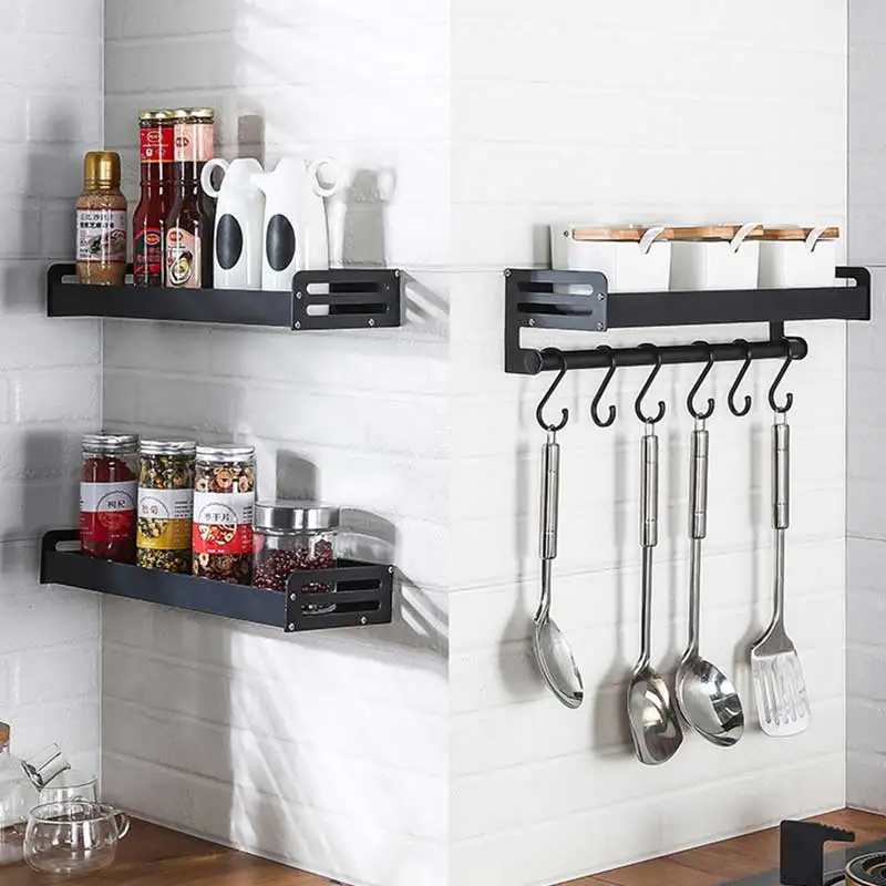 

Wall-mounted Kitchen Storage Rack Aluminum Alloy Multifunctional Organizer Shelf Spatula Soup Spoon Seasoning Jar Storage Racks