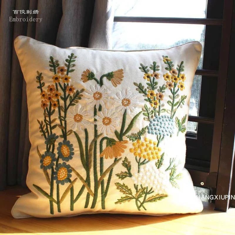 Sofa Cushion Chair Pillow-Case Floral Rectangle Home-Decor Cotton Embroidered European