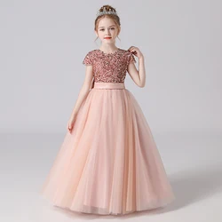 Sparkly Sequins Short Sleeves Flower Girl Dresses Tulle Girls Birthday Party Pageant Gown Floor Length Junior Wedding Bridesmaid