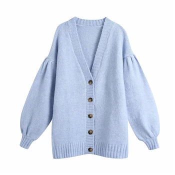

Causal Women Solid Blue Sweaters 2020 Fashion Ladies Button Knitted Cardigan Streetwear Female Elegant V-Neck Loose Coat