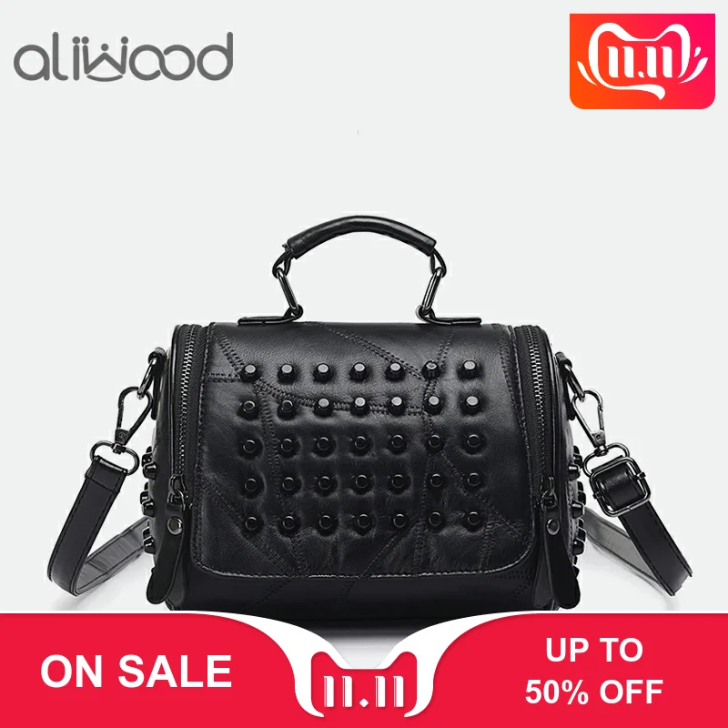 

Aliwood Ladies' Genuine Leather Handbag Double Zipper Luxury Designer Women Messenger Bag Diamond Rivet Shoulder Bag Boston Tote
