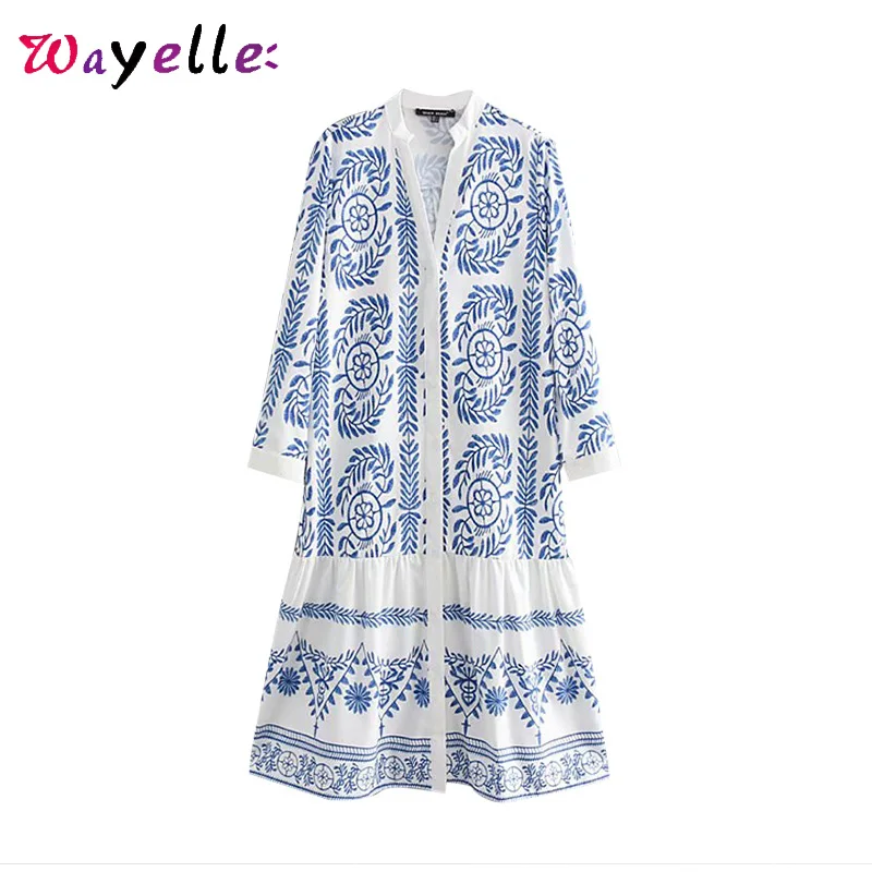 Dress Elegant Fall 2019 V-Neck Wrist Sleeve Women Dresses Beach Floral Print Fashion Midi Dress Women Casual Vintage Women Dress