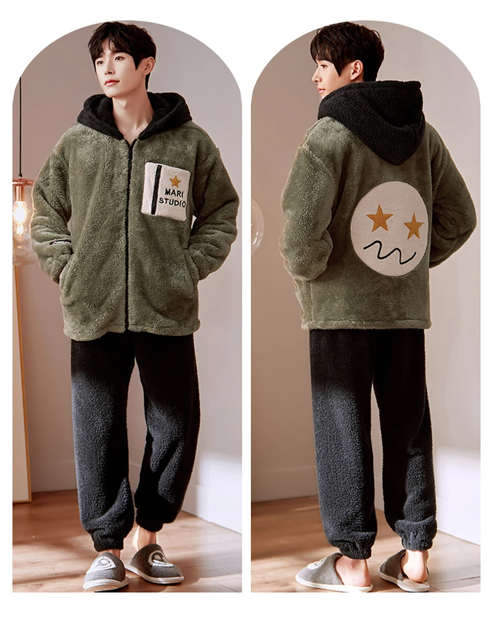 Casual Hooded Pajama Sets Men Winter Thick Flannel Warm Pajamas for Men Cartoon Embroidery Zipper Men's Sets Trendyol Sleepwear mens cotton pajama shorts