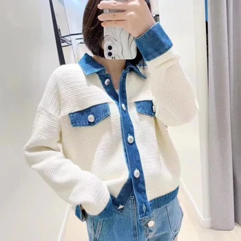 

JKmen Jacket 2020 Spring / Summer New Pocket Decoration Denim Stitching Knitted Long Sleeve Women's Jacket