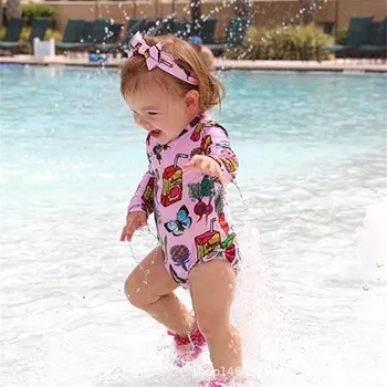 

Baby Girls‘ Long Sleeve Print Cute Ruffle One-Piece Swimsuit With Headband children kids girls summer Beach Swimsuit Swimwear