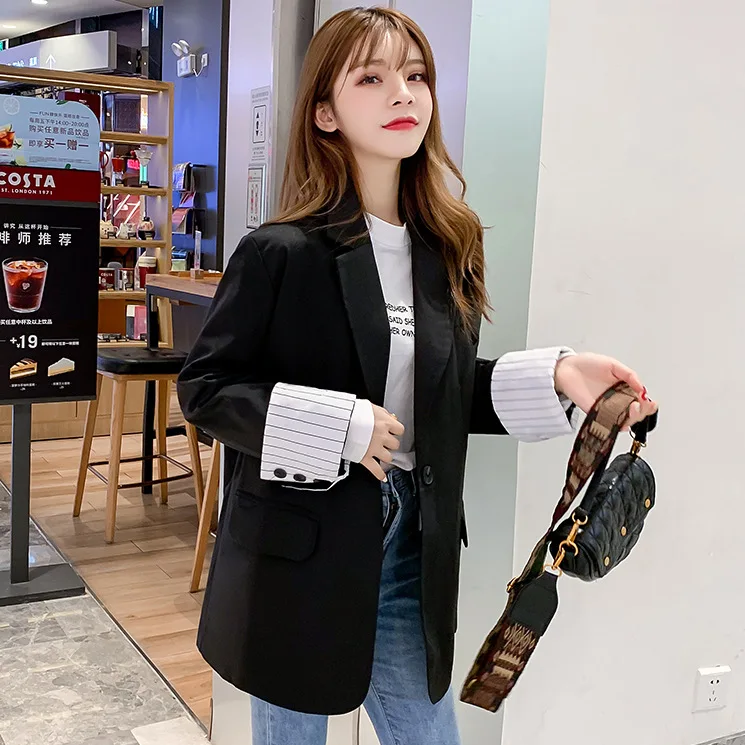 

Black And White with Pattern Small Suit Coat Women's 2019 Spring And Autumn New Style Korean-style Loose-Fit Mid-length Casual F