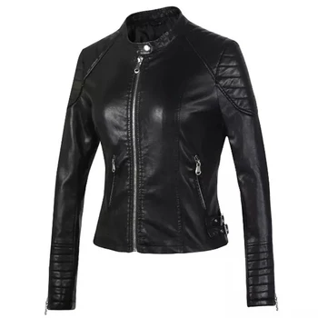 

2020 Woman New Design Spring Autumn PU Leather Jacket Faux Leather Soft Coat Slim Black Zipper Motorcycle Large size Jackets