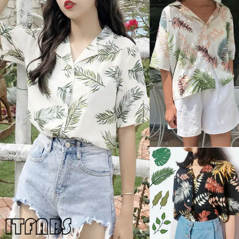 

Women's Summer Hawaiian style casual loose T-Shirts Half Sleeve Leaf Printed Tops ShirtOne size Tops Tees