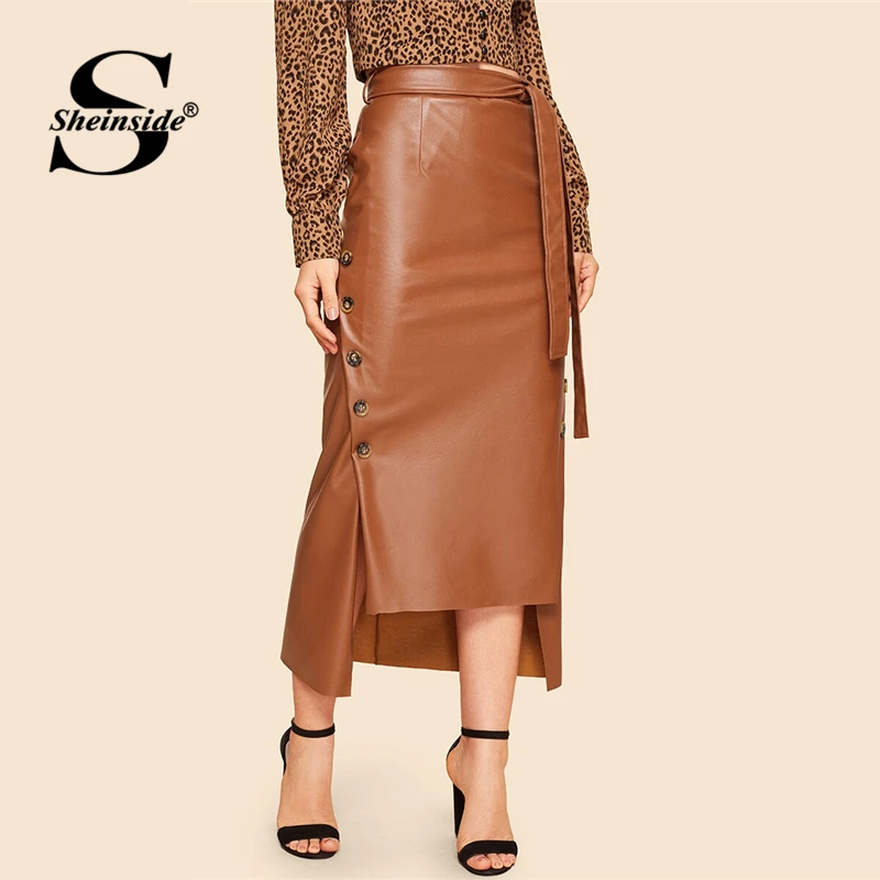 

Sheinside Brown Casual Mid Waist PU Skirt Women 2019 Autumn Asymmetrical Hem Midi Skirts Ladies Button Up Belted Skirt