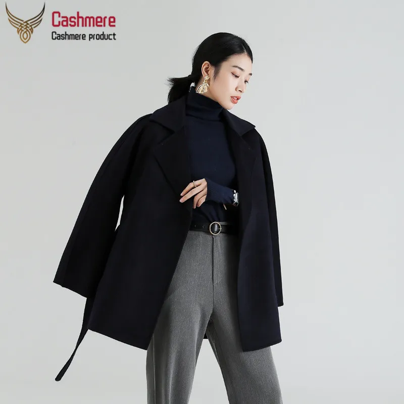 Dark navy Женские пальто двухсторонний волнистые кашемировое пальто зимнее женское Шерстяное Пальто с лацканами темно-синие пальто классический костюм; пальто с воротником - Цвет: Dark navy