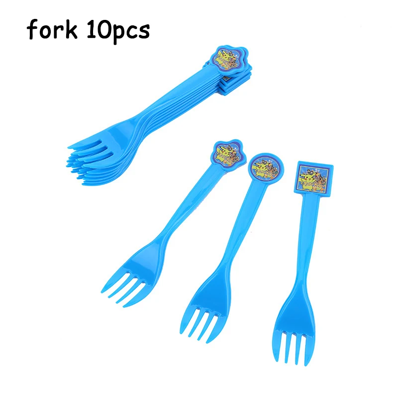 fork 10pcs Pokemon Go Пикачу принадлежности для тематической вечеринки посуда тарелка воздушные шары салфетка чашка для детского душа вечерние украшения для дня рождения - Цвет: fork 10pcs