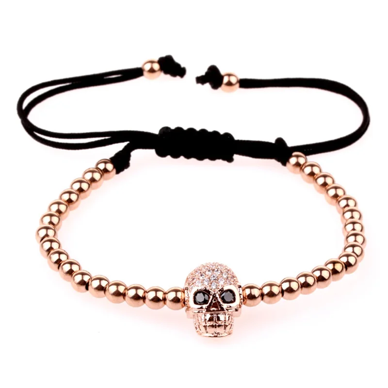 Simple design Gold Stainless Steel Beads CZ Pave Skull Charm Macrame Bracelet Men Women - Image 4