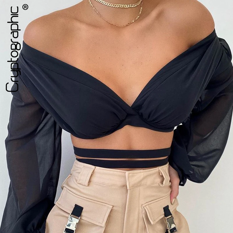 

Cryptographic Fashion 2020 Spring Women Tops and Blouses Criss Cross Lace Up V-Neck Crop Top Tees Female Mesh Top Streetwear